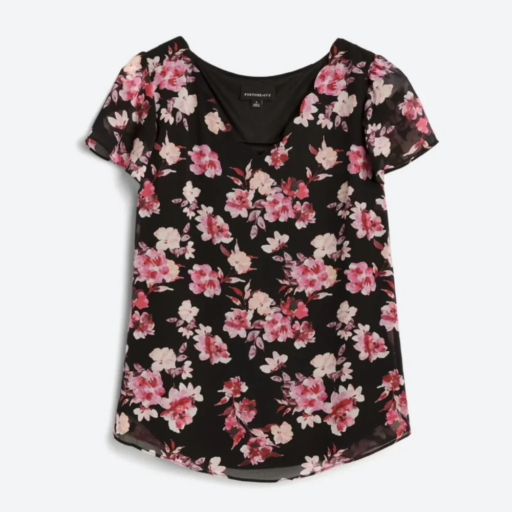 Stitch Fix Fortune + Ivy Naya Scoop Neck Blouse Black Pink Floral Print Size XS - Picture 1 of 8